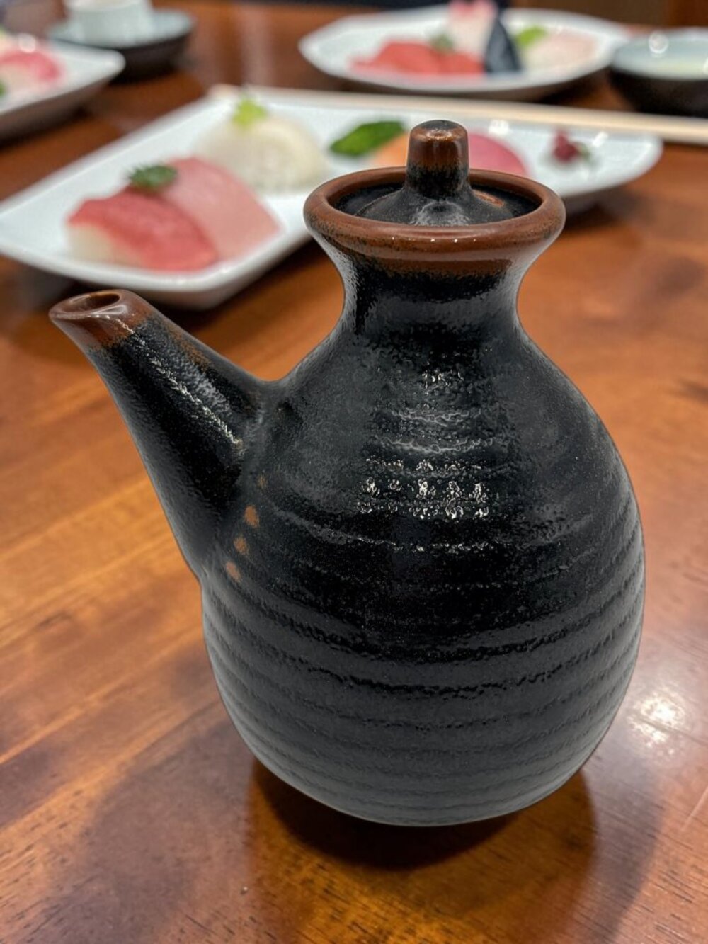 Miyake Ceramic Sauce Pot with Lid Dark Brown 5” Pour Spout - Asian Style
